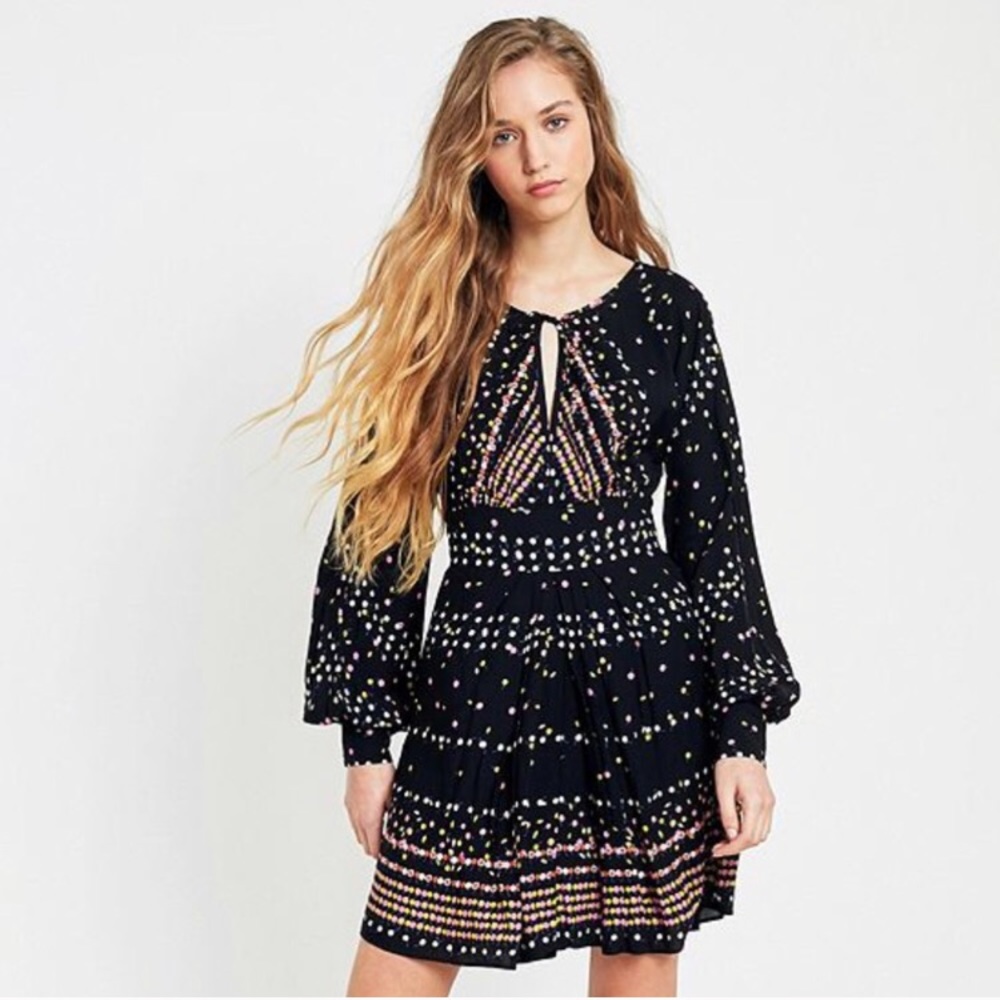 Free People Coryn Black Boho Pleated Mini Dress